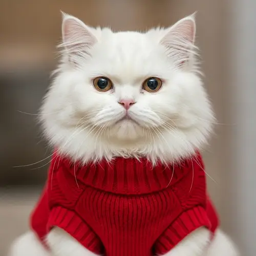 Fluffy White Persian Cat in Vibrant Red Sweater