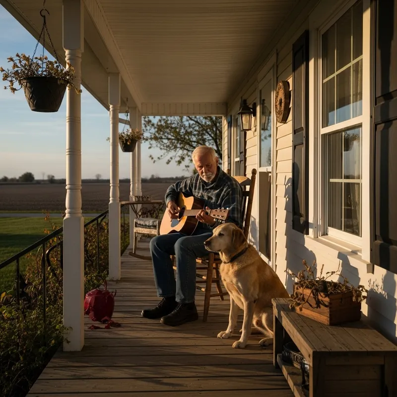 Elderly Man Playing Guitar on Farmhouse Porch with Old Dog