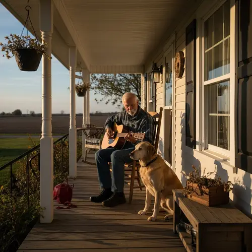 Elderly Man Playing Guitar on Rustic Farmhouse Porch