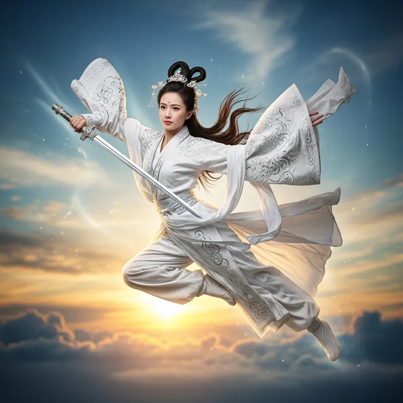 Chinese Female Warrior in White Hanfu with Silver Sword