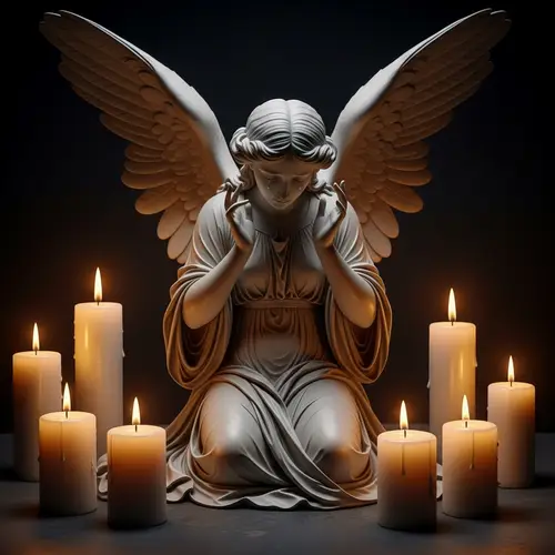 Saddened Marble Angel Amid Candles | Melancholic Scene