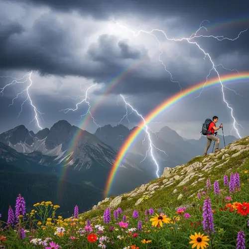 Brave Hiker Conquers Storm with Vibrant Rainbow and Flowers