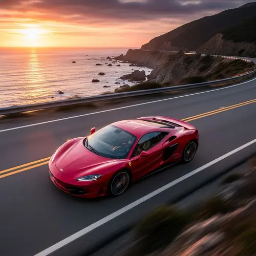 Vibrant Red Sports Car on Coastal Road - Automotive Genre