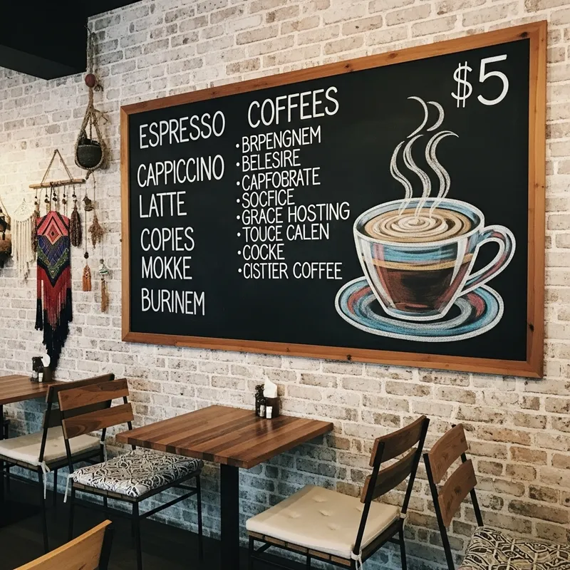Coffee Menu: Espresso, Cappuccino, Latte | $5 Offer