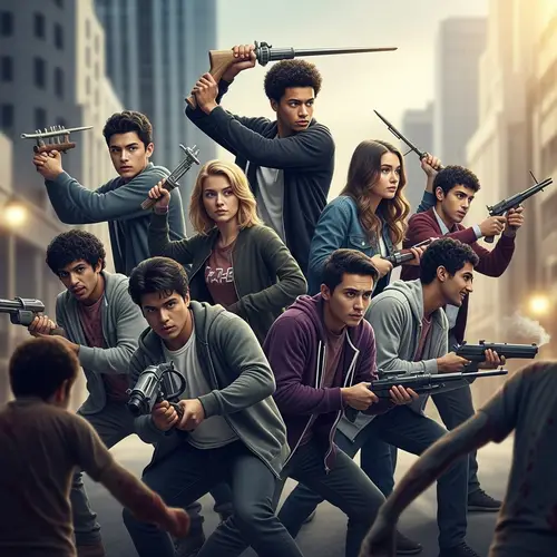 Diverse High School Students Battle Zombies in City Landscape