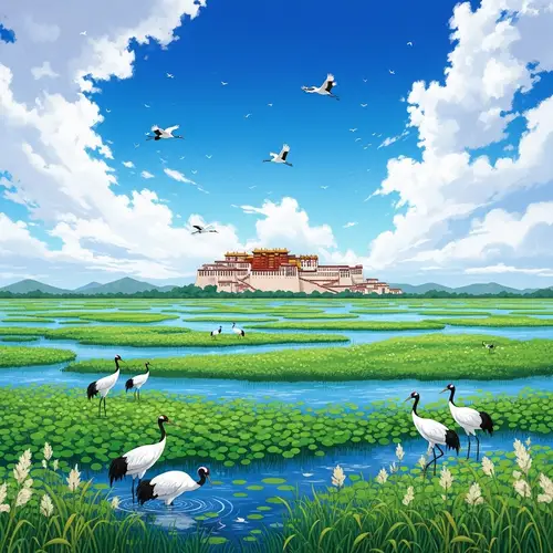 Tranquil Wetland Scene with Majestic Palace and Black-necked Cranes