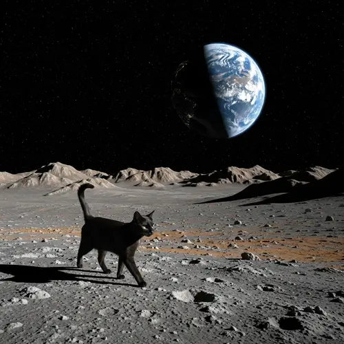 Cat Roaming on Lunar Surface | Moon Landscape View