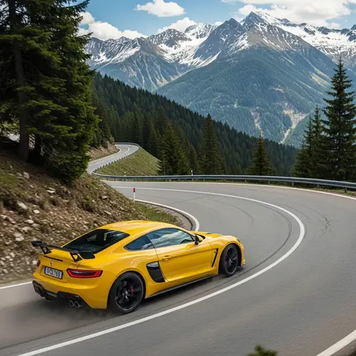 Vibrant Yellow Sports Car Driving Through Scenic Mountain Terrain