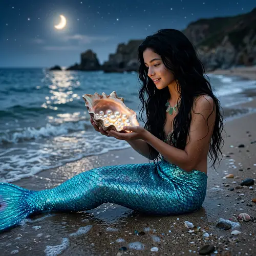 Enchanting Mermaid at Seashore with Turquoise Tail and Shimmering Pearls
