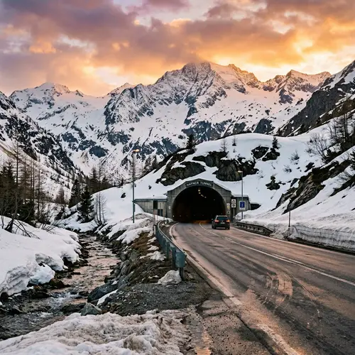 Late Winter Road Tunnel Surrounded by Snow-Capped Mountains
