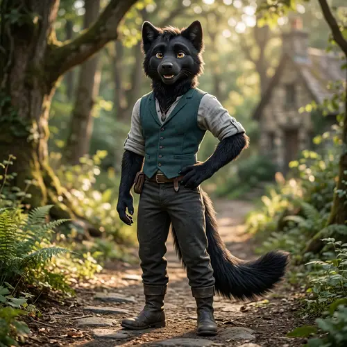 Black Furry Humanoid Character Design with Bright Eyes and Friendly Smile