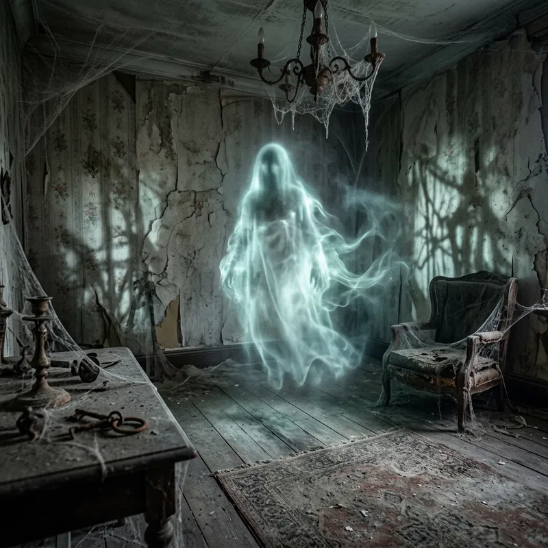 Ethereal Spectral Figure in Creepy Abandoned House