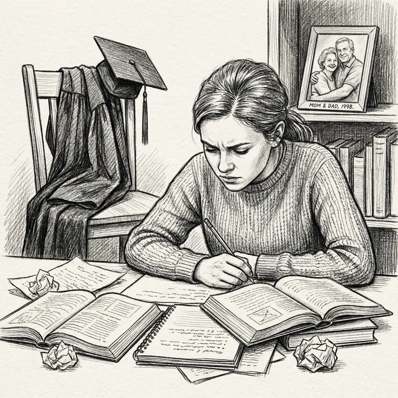 Motivated Girl Working Towards College Graduation - Monochrome Sketch
