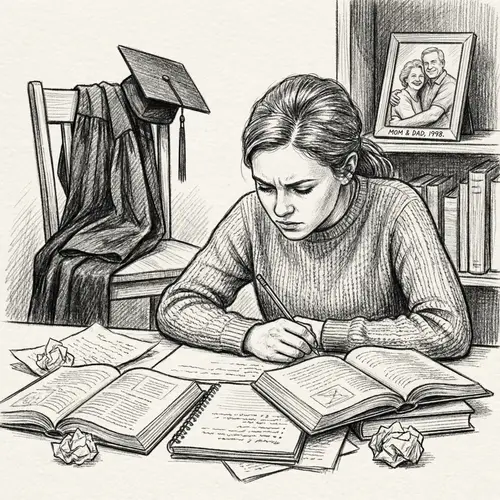 Determined Young Woman Studying for College Finals - Black-and-White Sketch