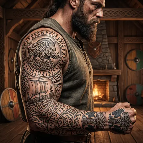 Viking Sleeve Tattoo with Wild Boar Art