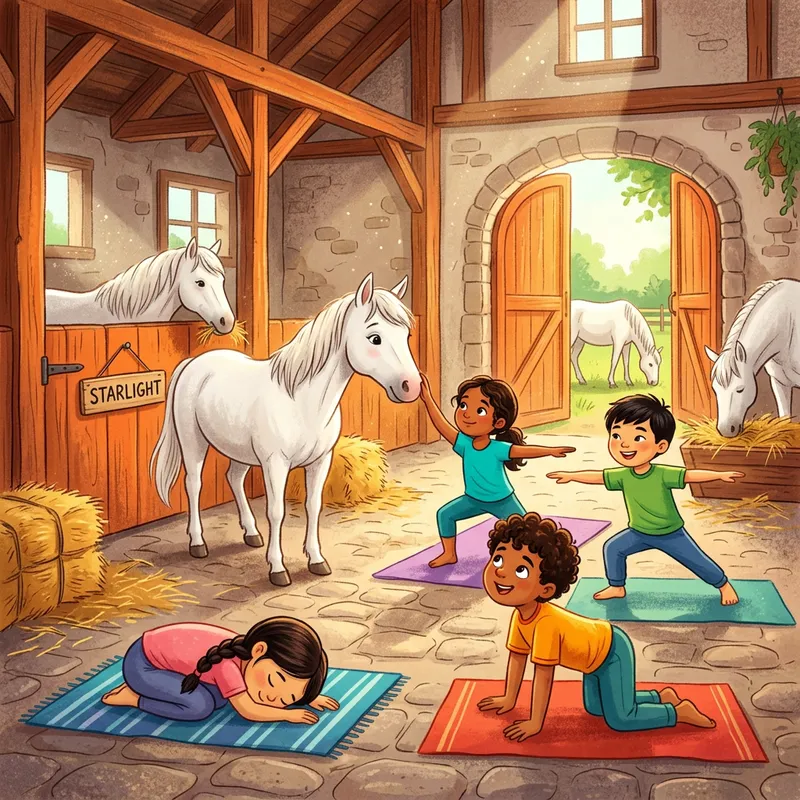 Vibrant Yoga Scenes with Children and Horses Vibrant Yoga Scenes with Children and Horses