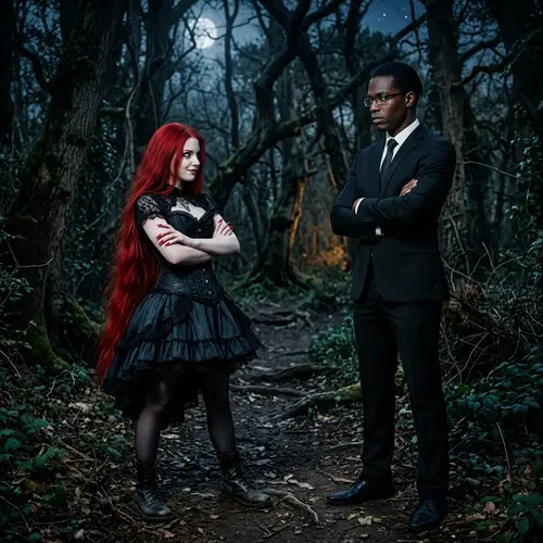 Contrasting Characters in Ambiguous Night Forest - Red-Haired Girl and Green-Eyed Man