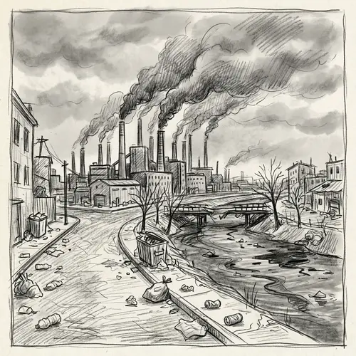 Pollution Sketch: Factories, Plastic Litter & Oil Spills