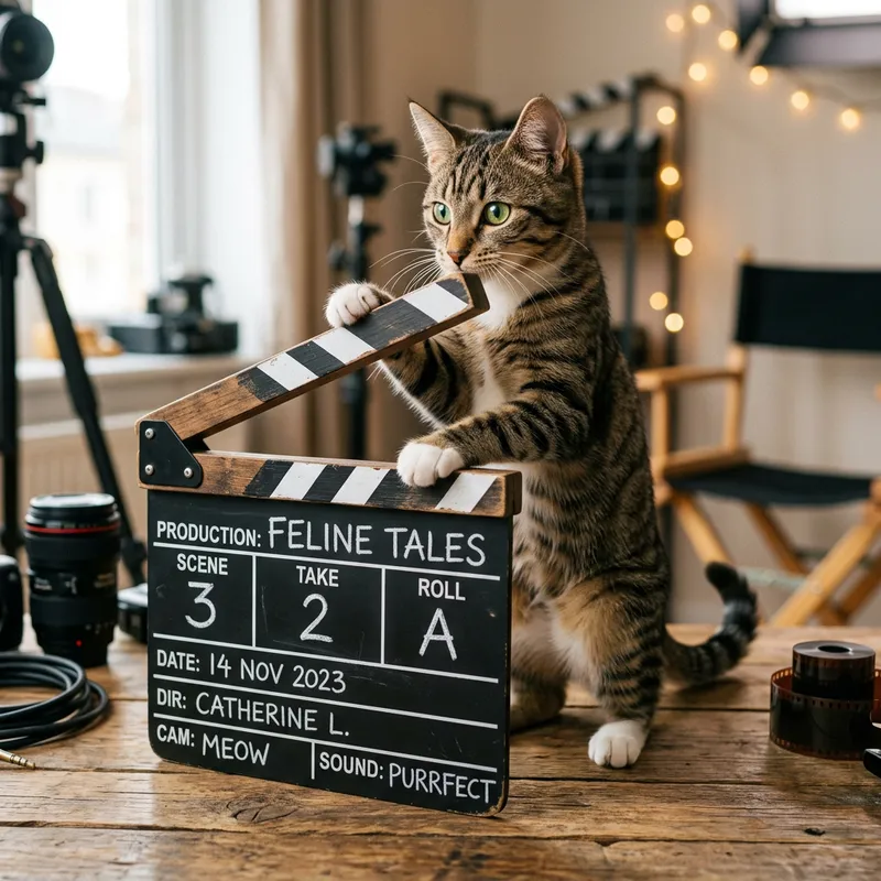 Adorable Tabby Cat Playfully Interacts with Movie Clapperboard