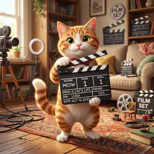 Tabby Cat Holding Movie Action Clapperboard