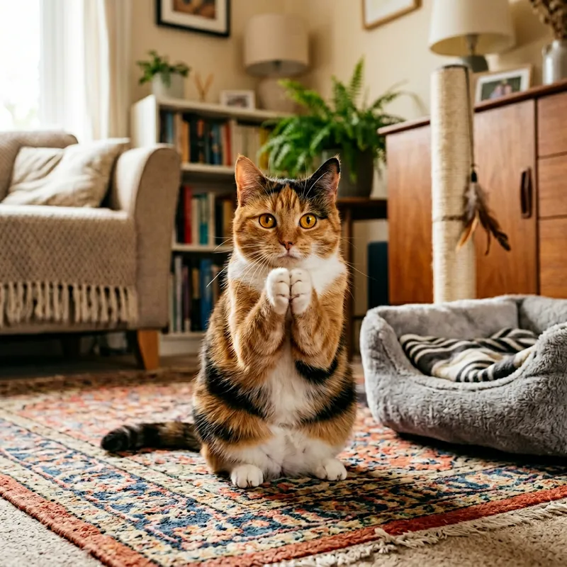 Charming Cat Praying Pose with Patchwork Fur Charming Cat Praying Pose with Patchwork Fur