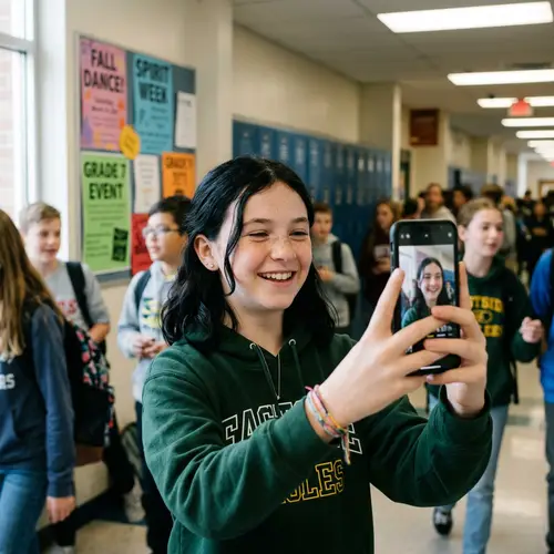 Grade 7 Girl with Black Hair Taking a Photo