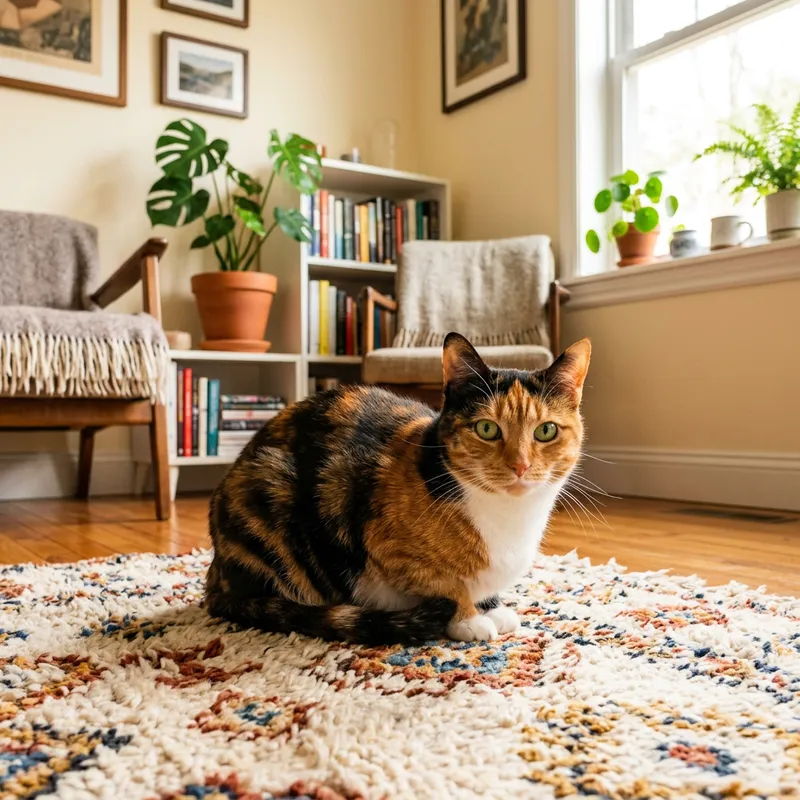Beautiful Calico Cat on Plush Rug - Cozy Room Scene