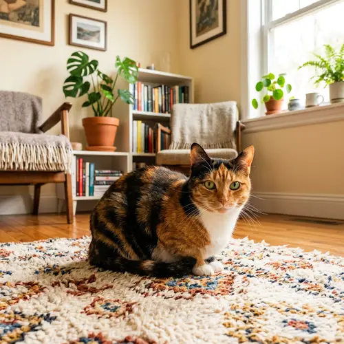 Vibrant Calico Cat on Plush Rug - Cozy Room Setting