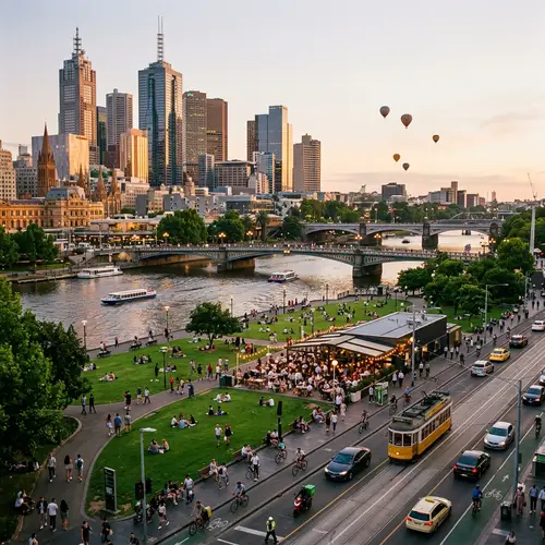 Vibrant Cityscape at Sunset with Green Parks and Modern Transport