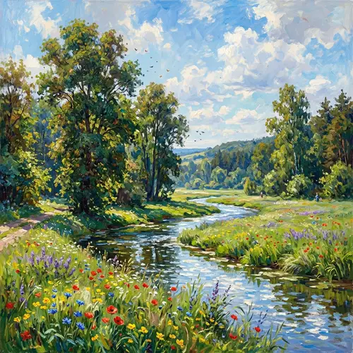 Impressionist Nature Landscape - Tranquil River and Wildflowers