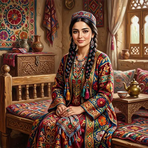Tajik Woman in Vibrant National Dress | Oil Painting