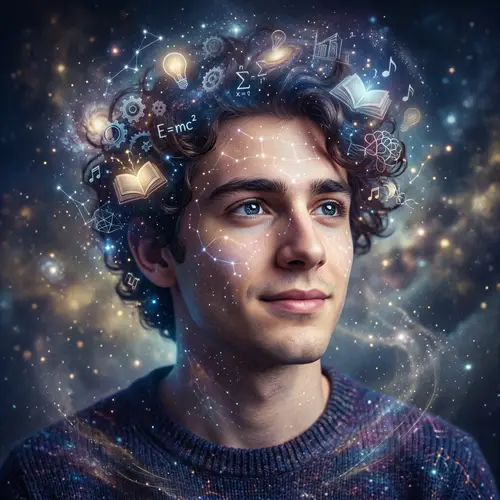 Face of Young Man Symbolizing Universe of Ideas