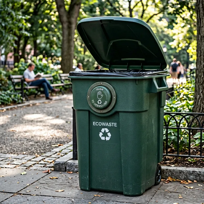 Dark Green Trash Bin with Central Button