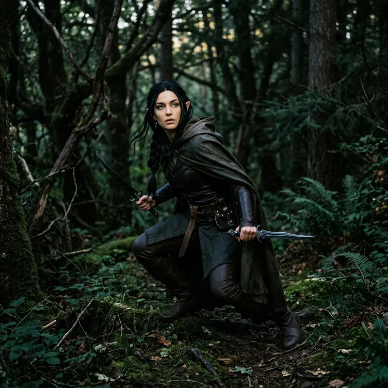 Half-Elf Rogue with Black Hair and Green Eyes
