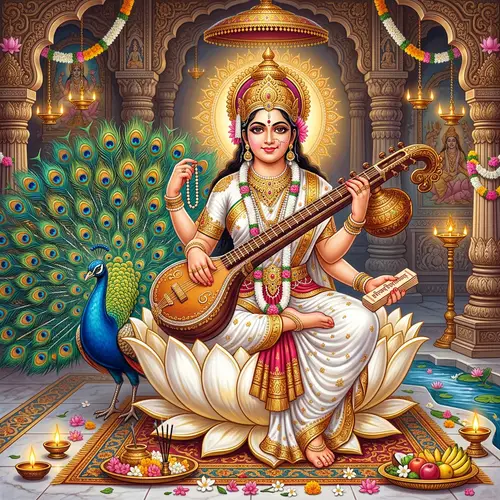 Saraswati Goddess: Divine Image in White Sari with Multi Arms