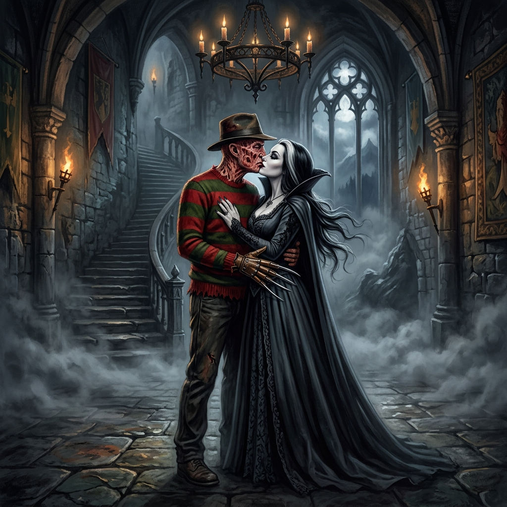 Freddy Krueger and Lily Monster in a Misty Castle | AI Art