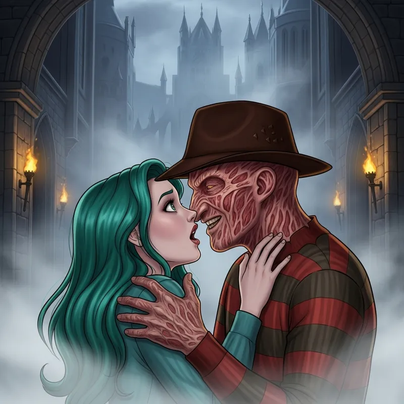 Freddy Krueger and Lily Monster in a Misty Castle