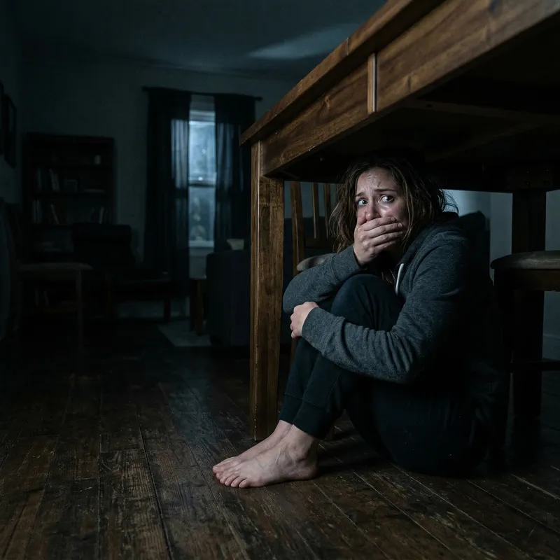 Scared Woman Under Table at Night Scared Woman Under Table at Night