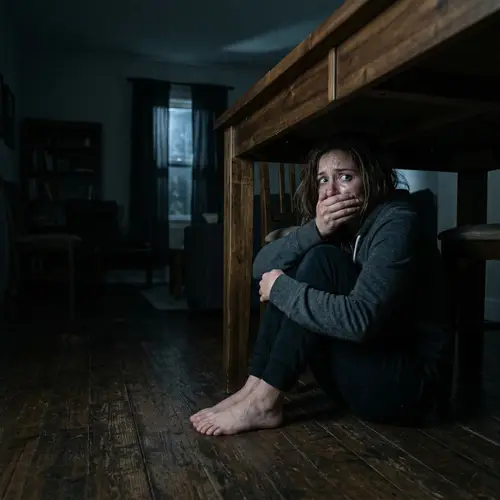 Scared Woman Under Table at Night