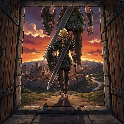 Gigantic Blonde Soldier Approaching Medieval City Horizon