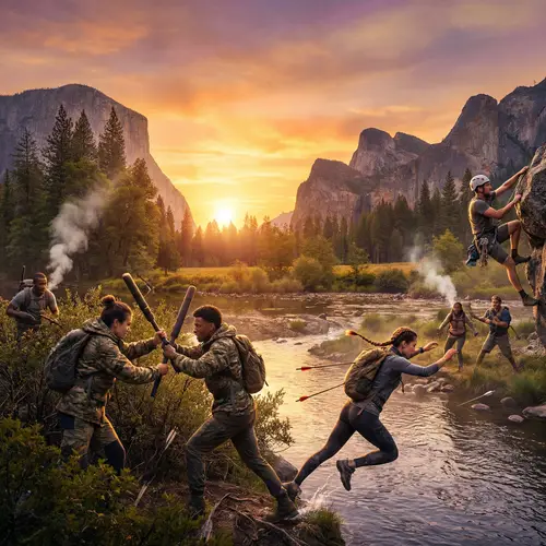 Diverse Landscape Battle Royale: Athletes Clashing at Sunset