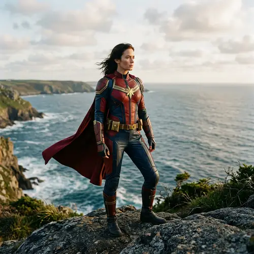 Realistic Superhero Woman Posed on Cliff Overlooking Sea