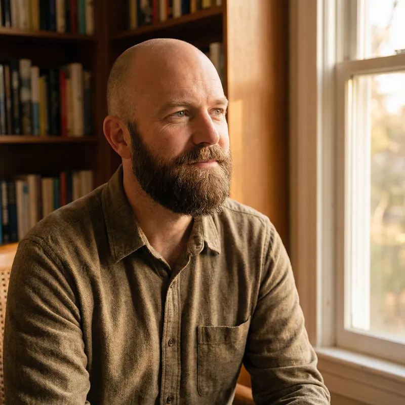 Stylish Bald Man with Beard in His Mid 30s