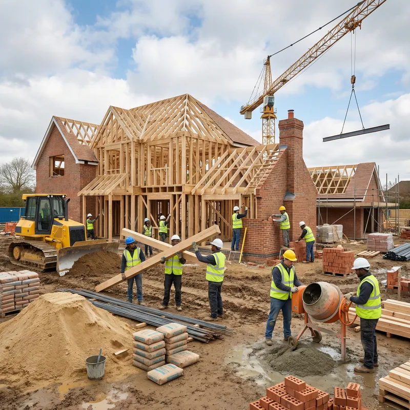 Workers Building a Home: Construction in Progress