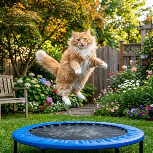 Fluffy Orange and White Cat Jumping on Blue Trampoline