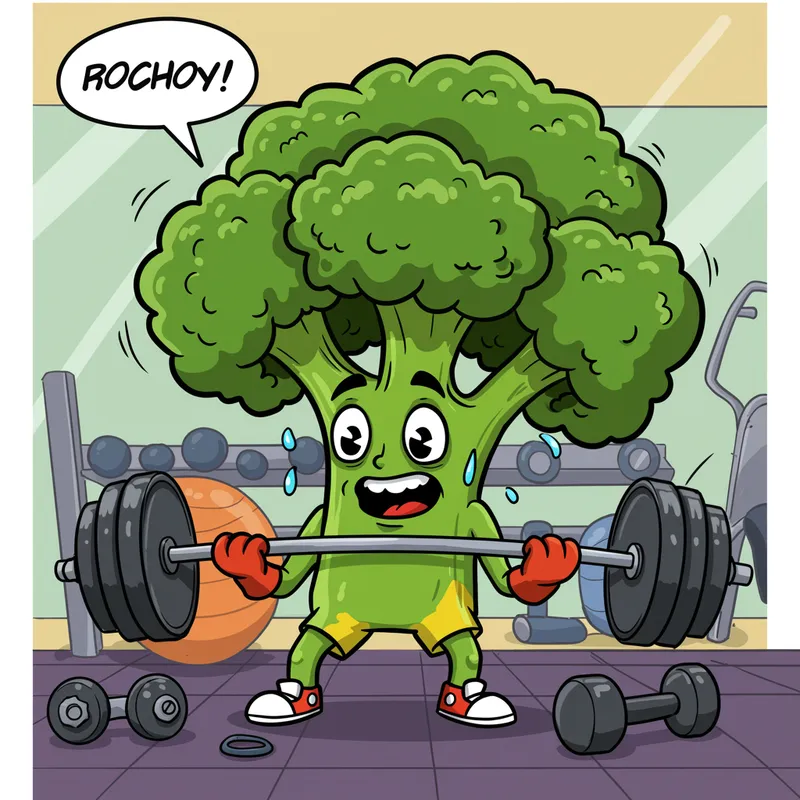 Broccoli Lifting Weights in Cartoon Style