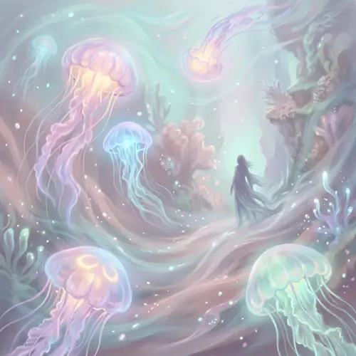 Surreal Underwater Scene with Glowing Jellyfish & Mysterious Figure