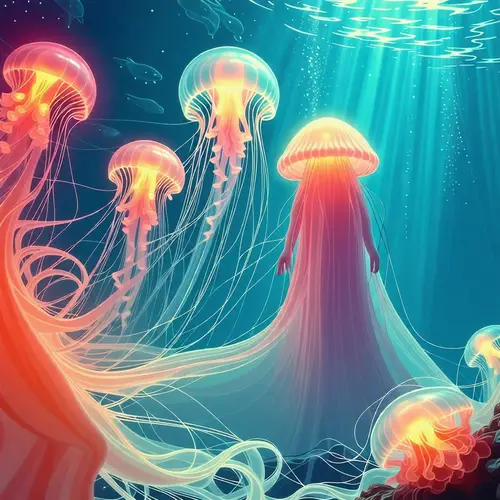Surreal Underwater Scene with Glowing Jellyfish & Mysterious Figure