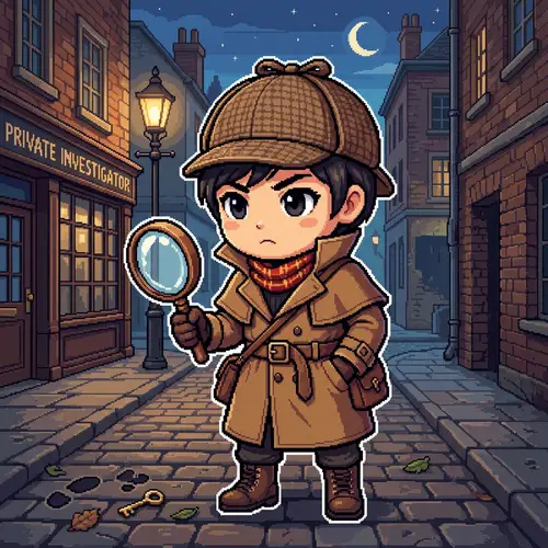 Chibi-Style East Asian Detective Pixel Art Illustration