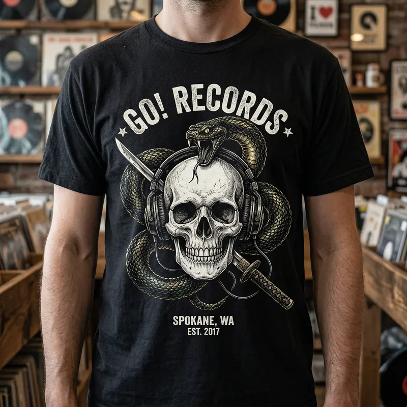 Mystery Skull Headphones Snake Tee - Go! Records